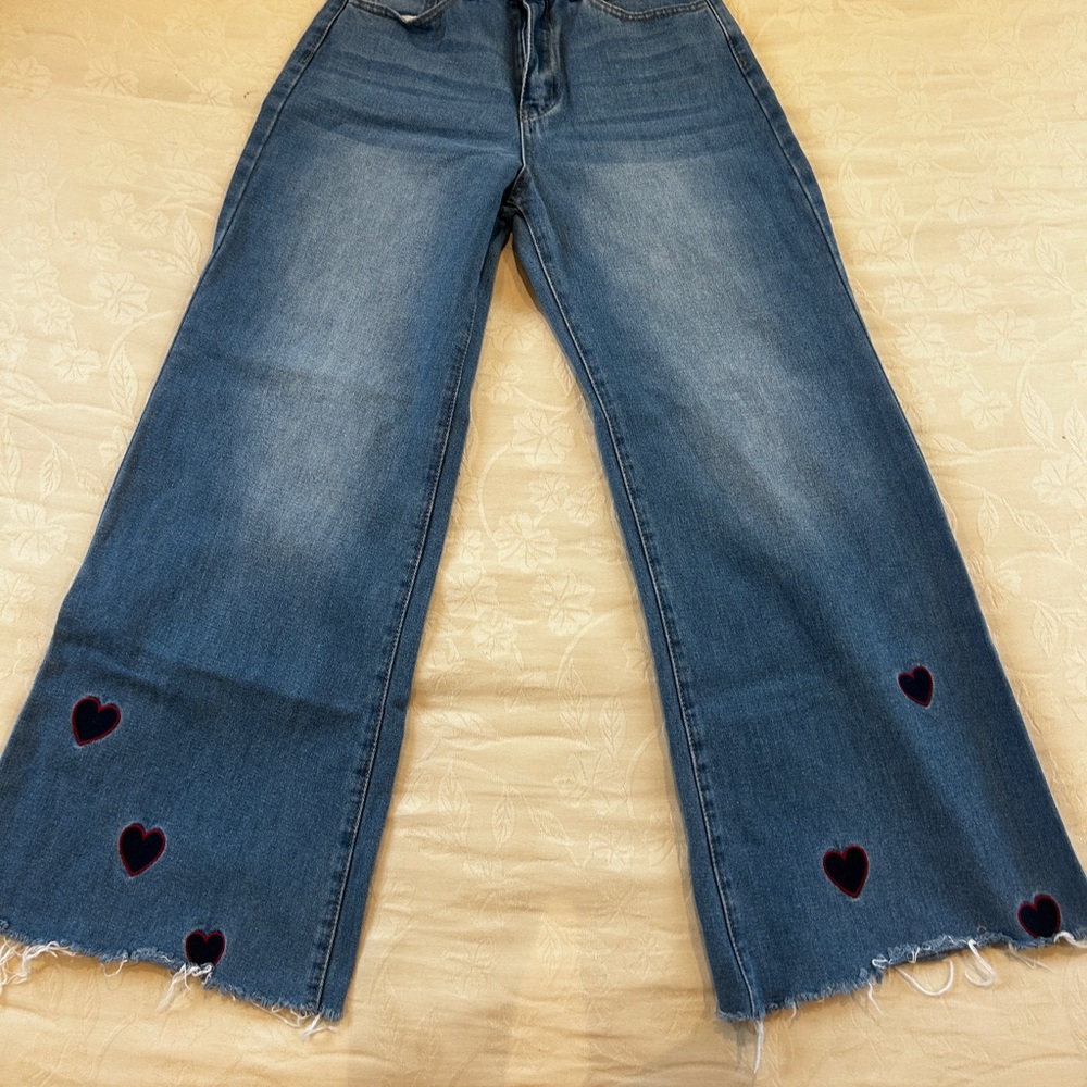SHEIN Blue Wide Leg Jeans with Heart Details